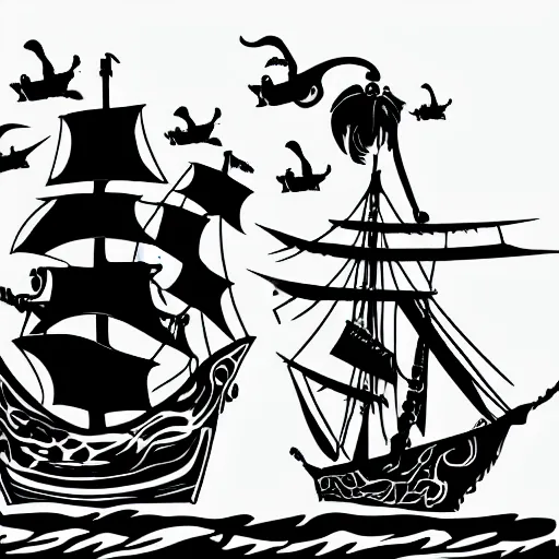 Image similar to black and white silhouette of a pirate ship digital art, clean line art