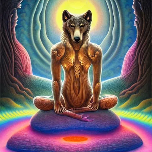 Prompt: an anthromorphic wolf meditating in a zen garden with a waterfall under the blood moon, by Adi granov and afarin sajedi and amanda sage and evgeni gordiets and Agostino Arrivabene and lisa frank in a psychedelic portrait style, ultrarealistic matte painting, volumetric lighting, fractal, extremely symmetrical, highly detailed face, orisha, 8k, hd