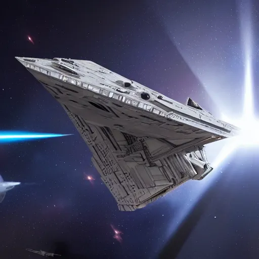 Image similar to imperial star destroyer in space inspired by star wars movies, galaxy and stars in background, highly detailed, photorealistic shot, bright studio setting, studio lighting, crisp quality and light reflections, unreal engine 5 quality render