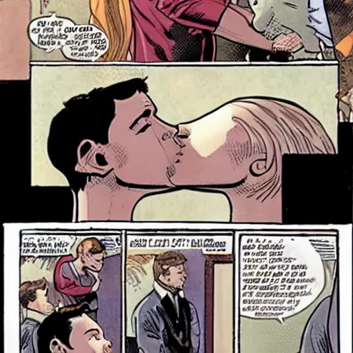 Prompt: amazing comic book panel of Norman Osborn kissing female Peter Parker