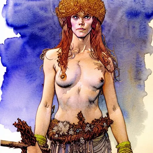 Image similar to a realistic and atmospheric watercolour fantasy character concept art upper body image of a young jane fonda in her 2 0 s posing as a druidic warrior wizard looking at the camera with an intelligent gaze by rebecca guay, michael kaluta, charles vess and jean moebius giraud