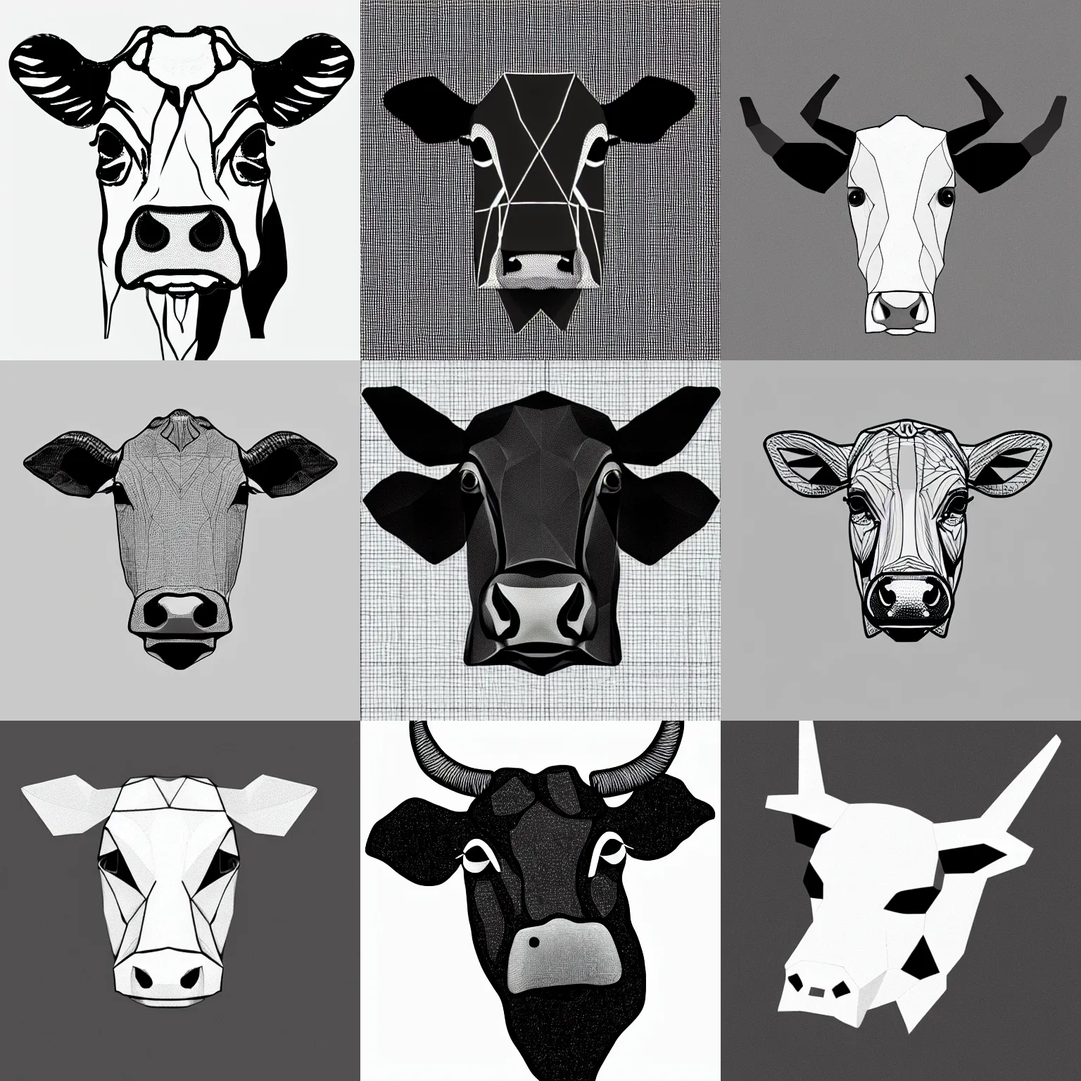 Prompt: a cow head, low polygon, black on white, connecting lines, line art