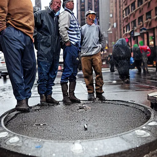 Image similar to closeup portrait of a group of fishermen trying to fish in the manholes in between car traffic in rainy new york street, by David Lazar, natural light, detailed face, CANON Eos C300, ƒ1.8, 35mm, 8K, medium-format print