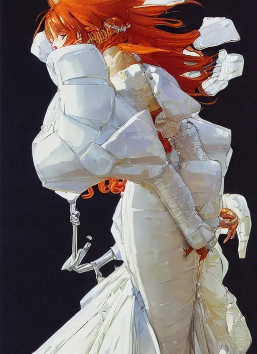 Image similar to a low angle copic maker art nouveau portrait of asuka langley detailed features wearing a puffy futuristic wedding dress designed by balenciaga by john berkey, norman rockwell akihiko yoshida