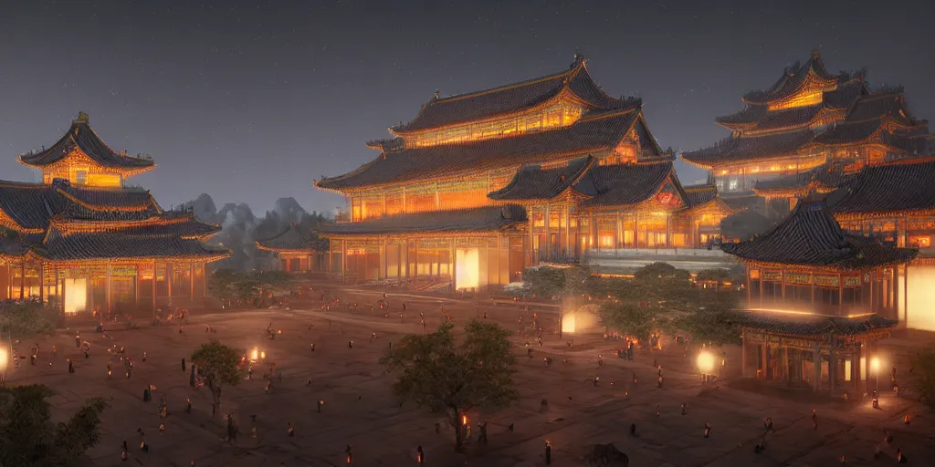 Prompt: magnificent chinese immortal palace, night view with kongming lanterns in the sky, concept art, dreamy, render by octane and blender, hyper realistic, cinematic lighting, unreal engin 5, by krenz cushart, 8 k, vray render, artstation, deviantart