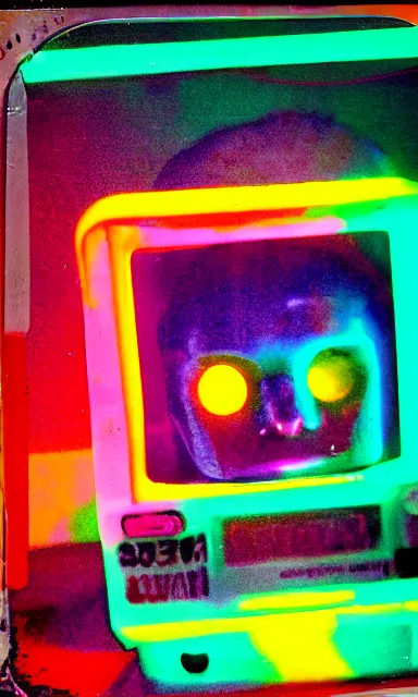 Image similar to colorful chromatic abberation, 9 0 s toy commercial, photo from the 7 0 s, horror lighting, neon lighting, polaroid photo,