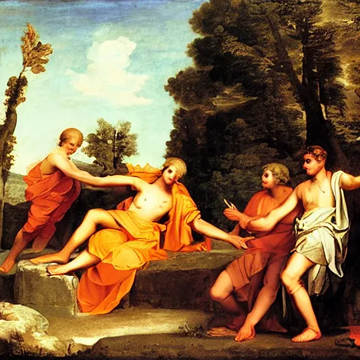 Image similar to shepherds of arcadia by poussin, all decently dressed characters