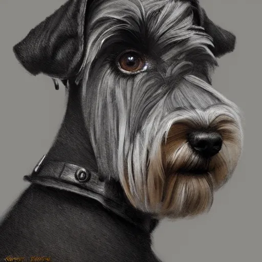 Image similar to portrait of stoic looking miniature schnauzer, military uniform, black fir, white eyebrows, fantasy, intricate, elegant, highly detailed, centered, dark, smokey, charcoal painting, digital painting, artstation, concept art, smooth, sharp focus, illustration, art by greg rutkowski