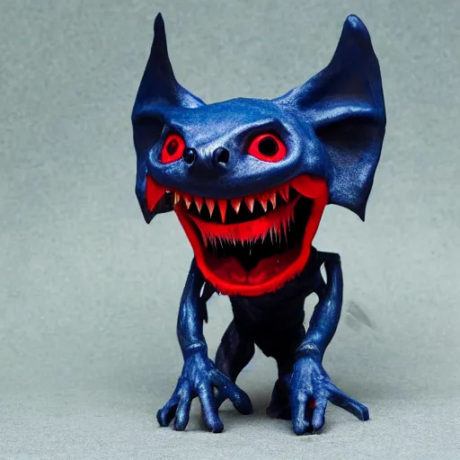 Image similar to detailed full body of scary giant mutant dark blue humanoid pygmy-bat, glowing red eyes, sharp teeth, acid leaking from mouth, realistic, giant, bat ears, bat nose, furred, detailed, 85mm f/1.4