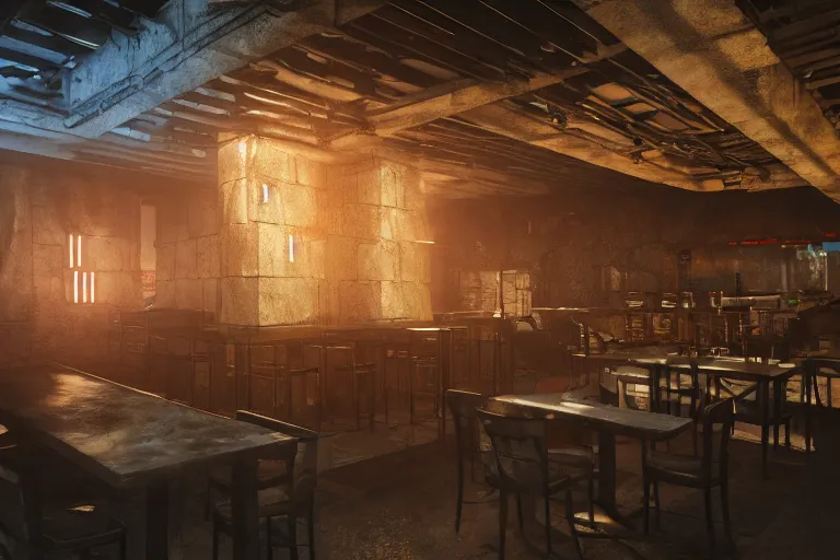 Image similar to ultra mega super hyper realistic Digital concept interior design of cyberpunk tavern with stone walls and neon lights. Natural white sunlight from the transperient roof. Rendered in VRAY and DaVinci Resolve and MAXWELL and LUMION 3D, Volumetric natural light