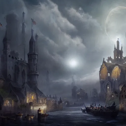 Prompt: medieval city floating above a sea in the moonlight with some puffs of clouds with a dark and gloomy theme, ultra fine detail, concept art, matte painting,