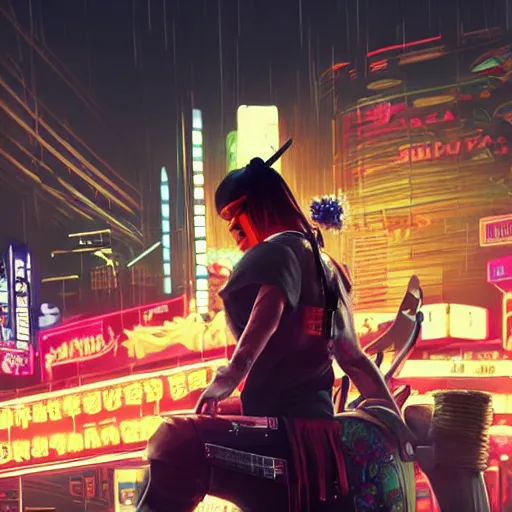 Prompt: two 2 beautiful female samurai, with straw hat, cyberpunk 2077, city background, rainy night, neon glow concept art, sharp focus, intricate, digital painting, artstation, official media, anime key visual, highly detailed, rich vivid colors ambient lighting, illustration, art by Artgerm, Makoto Shinkai, Ilya Kuvshinov, Lois Van Baarle and Rossdraws