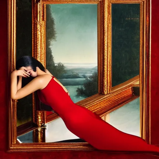 Image similar to Bella Hadid full body laying in a blood red pool of water between a golden mirror frame, outside is space and inside the mirror frame is a beautiful landscape., physically accurate, dynamic lighting, intricate, elegant, highly detailed, very very Roberto Ferri, sharp focus, illustration, art