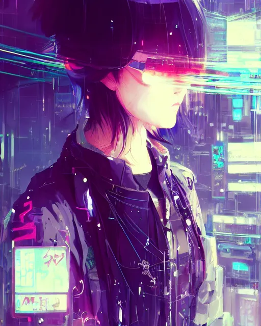 Image similar to kyoto animation, cool lady wearing cyberpunk intricate streetwear, beautiful, detailed portrait, cell shaded, 4 k, concept art, by wlop, ilya kuvshinov, artgerm, krenz cushart, greg rutkowski, pixiv. cinematic dramatic atmosphere, sharp focus, volumetric lighting, cinematic lighting, studio quality