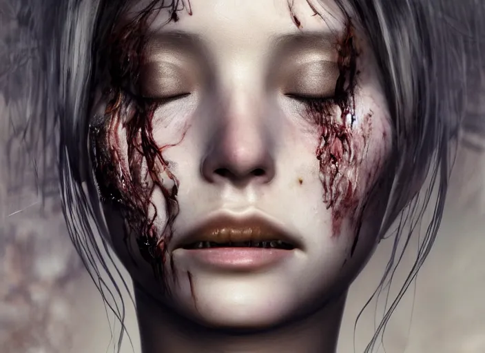 Image similar to a female looking directly while her left eye is closed and the other right eye is wide open, horror, dark, naturel, hyper detailed, digital art, trending in artstation, cinematic lighting, studio quality, smooth render, unreal engine 5 rendered, octane rendered, art style by klimt and nixeu and ian sprigger and wlop and krenz cushart