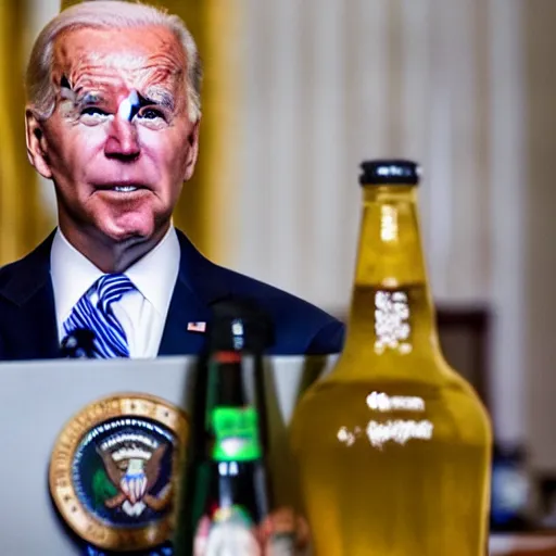 Prompt: joe biden drinks a 4 0 ounce bottle of malt liquor