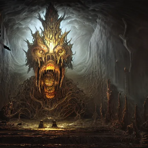 Prompt: chtulhu attacks, atmospheric lighting, painted, intricate, volumetric light, ultra detailed by giger