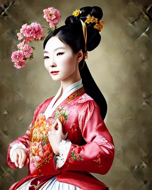 Image similar to photo portrait of beautiful chinese woman dressed in rococo style clothing, elegant, digital painting, clean, smooth, sharp focus