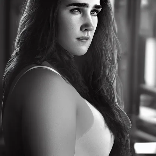 Image similar to overweight young Jennifer Connelly, realistic, photo studio, HDR, 8k, trending on artstation