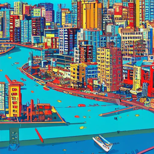 Prompt: wharf, [ red - yellow - blue buildings ], city on mountainside in distance, japanese city, cel - shading, 2 0 0 1 anime, flcl, jet set radio future, the world ends with you, sunshine, cel - shaded, strong shadows, vivid hues, y 2 k aesthetic, art by artgerm