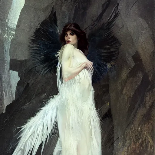 Image similar to hyperrealistic portrait of an angel woman descending onto a stone room in darkness with the damned screaming in despair, white swan dress long feathers and sapphire jewellery by jeremy mann and alphonse mucha, high shadow contrast, daydreaming hell, fantasy art, photo realistic, dynamic lighting, artstation, poster, volumetric lighting, very detailed faces, 4 k, award winning