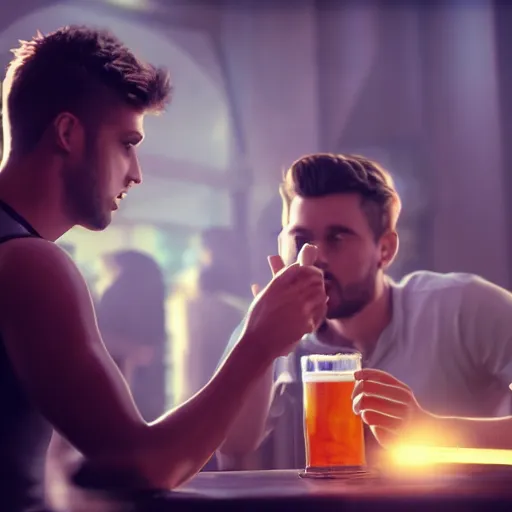 Prompt: cinematic scene with attractive male and another attractive male, drinking their hearts out, in the pub, high definition, very detailed, volumetric lighting, still frame