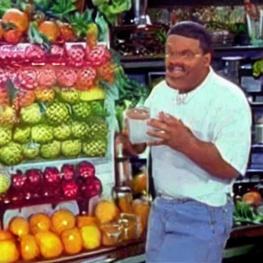 Image similar to 2001 tv still of 'Frank the juice man' promoting juicing machines that will help you live forever