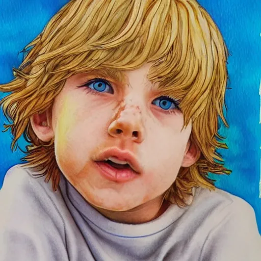 Image similar to of accurate and realistic representation of a close up portrait of a cute blue eyed blond hair boy. colored paints and colored inks on vellum.