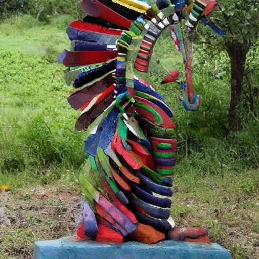 Prompt: A sculpture a Mexican native made pure recycled materials