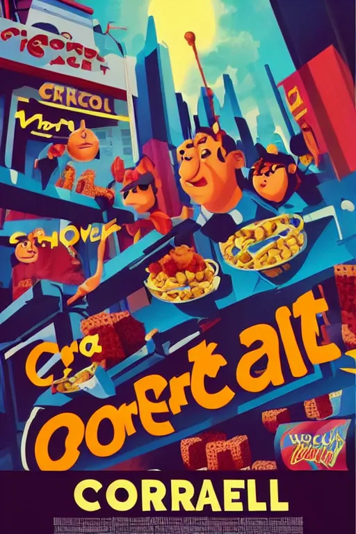 Image similar to movie poster for cereal central, minimalist, striking visuals, street gang in cereal city, dramatic lighting, epic composition