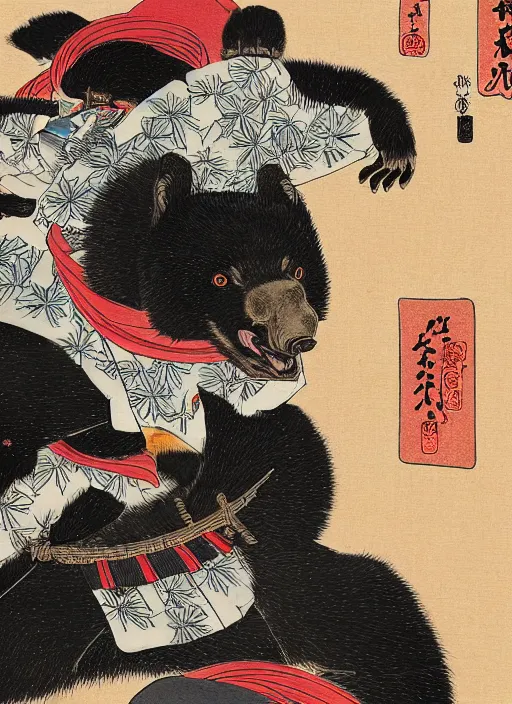 Image similar to a full body ukiyo-e portrait of a fully armored samurai Asian black bear, playing with a young Japanese girl in a kimono, a cat at the bottom, intricate, elegant, highly detailed, digital painting, artstation, concept art, smooth, sharp focus, illustration, art by Andō Hiroshige