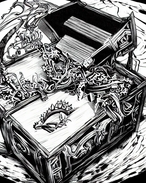 Prompt: a treasure chest closed, black and white, fantasy art, object art, in the style of masami kurumada, illustration, epic, fantasy, intricate, hyper detailed, artstation, concept art, smooth, sharp focus, ray tracing