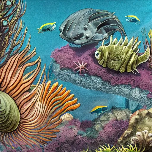 Prompt: concept art painting of cambrian sea creatures, detailed, cel shaded
