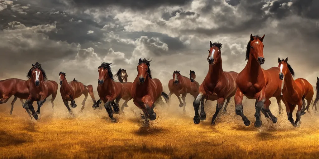 Image similar to a product picture of hundreds of horses running, photographic filter, unreal engine 5, realistic, hyperdetailed, 8 k, cinematic, volumetric lighting, very realistic effect, hd, hdr, 4 k, sharp focus, octane render, ultra detailed, high resolution, trending on artstation in the style of albert dros glowing rich colors powerful imagery