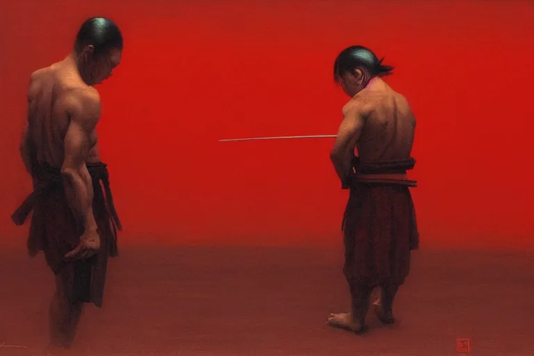 Image similar to only with red, a red samurai do seppuku, tokio, a lot of frogs watch, in the style of beksinski, parts by edward hopper, parts by rodcenko, parts by yue minjun, intricate and epic composition, red by caravaggio, insanely quality, highly detailed, masterpiece, red light, artstation, 4 k