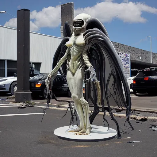 Prompt: a giant hr giger xenomorph alien queen standing on a busy walmart parking space in broad daylight. there are smashed cars