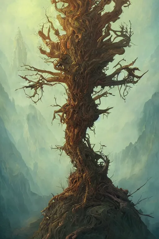 Prompt: portrait of tree devil by Peter Mohrbacher and Peter Gric, volumetric lighting, good composition, trending on artstation, polarizer filter, in the golden hour