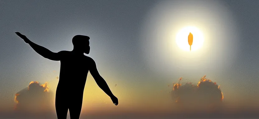 Image similar to silhouette of a man floating in front of a burning sun, digital art, extreme detail