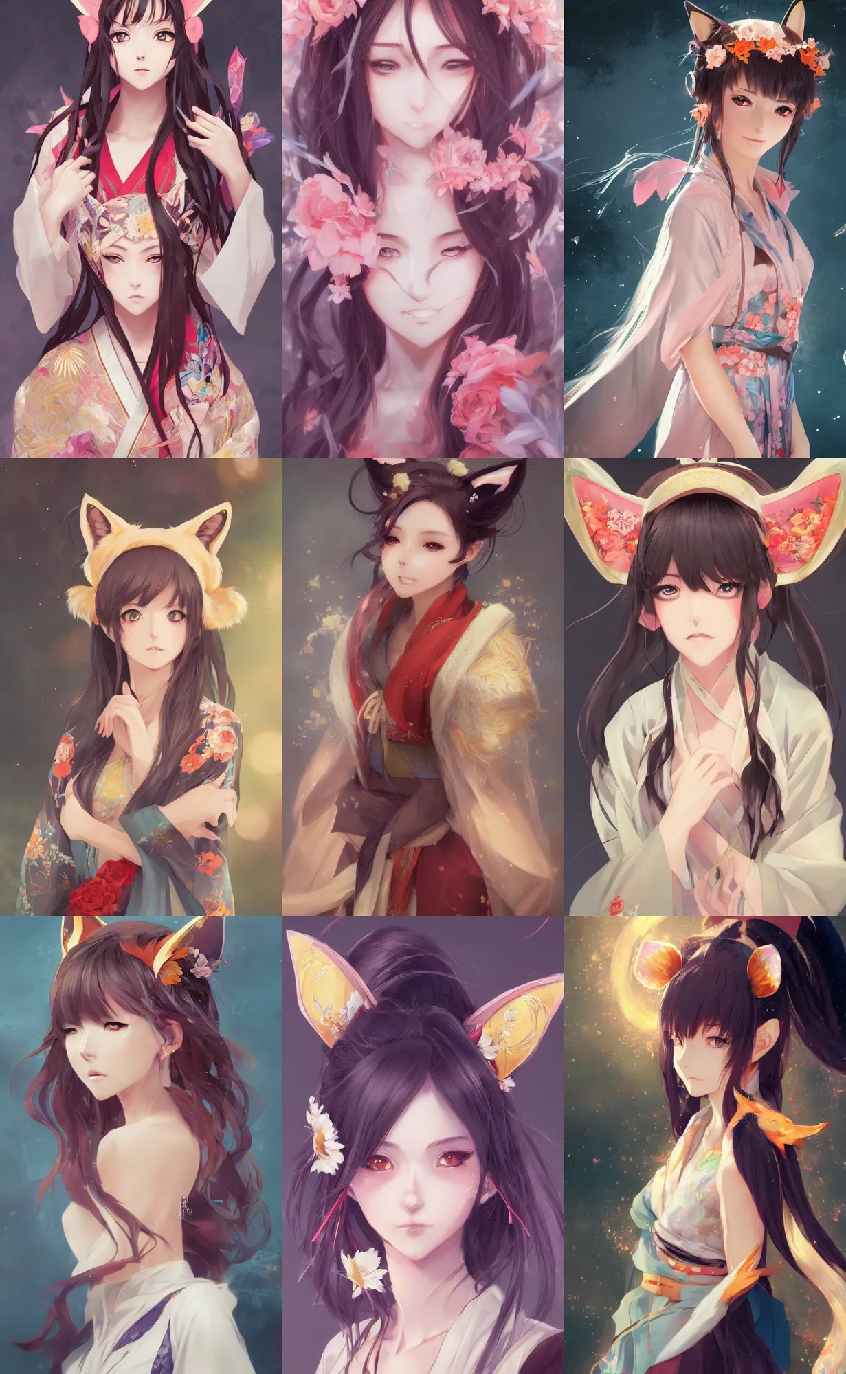 Prompt: A beautiful anime-style digital concept portrait of a beautiful young woman with fox ears wearing a kimono, by Stanley Artgerm Lau, WLOP, Rossdraws, LeraPi, and Sakimichan, trending on ArtStation, deviantart, SFW version