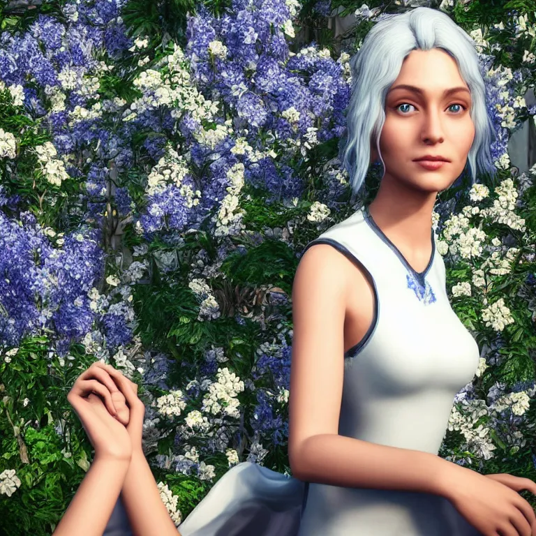 Prompt: “hyperrealistic ultra detailed unreal engine 5 RTX raytracing nvidia hairworks. unbelievably incerdibly realistic render of portrait of the most beautiful girl with blue eyes and white hair. She is in heavens garden By Vishwesh Taskar”