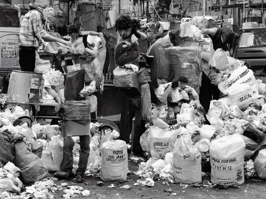 Image similar to a kind garbage collector gifting trash to people, award-winning, 1980 vintage photo, portrait, highly detailed