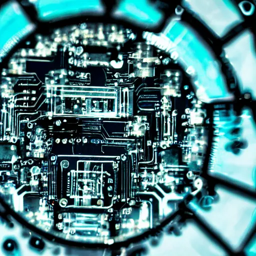 Image similar to a macro photograph of futuristic cybernetic components