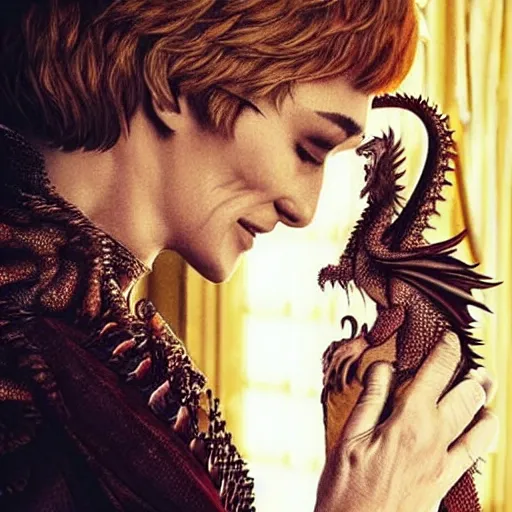 Image similar to “Cersei Lannister, petting her dragon”