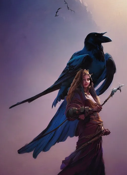 Image similar to hyper realistic photo of beautiful sorceress with a raven on her shoulder and a magic staff in her hand, full body, rule of thirds, conceptart, saturated colors, cinematic, greg rutkowski, brom, james gurney, mignola, craig mullins, artstation, cgsociety