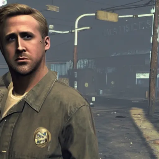 Image similar to ryan gosling in fallout 4 sneaks