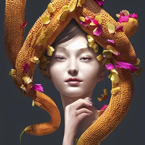 Prompt: the portrait of the most beautiful, graceful, and elegant young woman made of bananas and petals, an ultrafine detailed illustration by kim jung gi, rossdraws, irakli nadar, intricate linework, bright colors, final fantasy, behance contest winner, angular, unreal engine 5 highly rendered, global illumination, radiant light, detailed and intricate environment