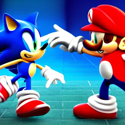 Image similar to sonic beating up mario while he bleeds, dslr, 8 k, octane beautifully detailed render, dark mood, cinematic lighting, detailed photo, masterpiece, volumetric lighting, ultra realistic, highly detailed, high quality, lossless, photorealistic