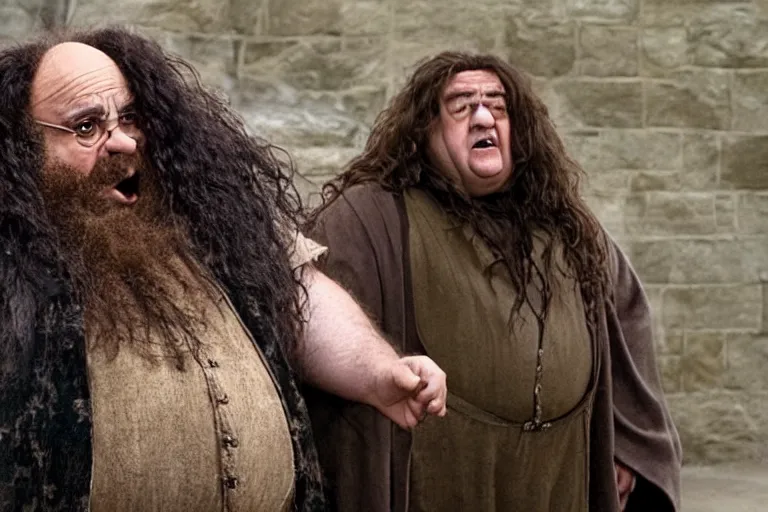 Image similar to film still Danny Devito as Hagrid in Harry Potter movie