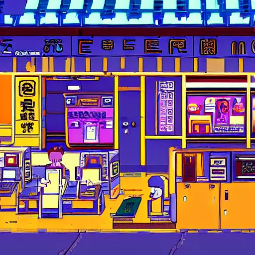 Image similar to seedy internet cafe, sprite, vaporwave nostalgia, directed by beat takeshi, visual novel cg, 8 0 s anime vibe, kimagure orange road, maison ikkoku, initial d, sketch by osamu tezuka, directed by makoto shinkai and beat takeshi, 4 k ultra hd