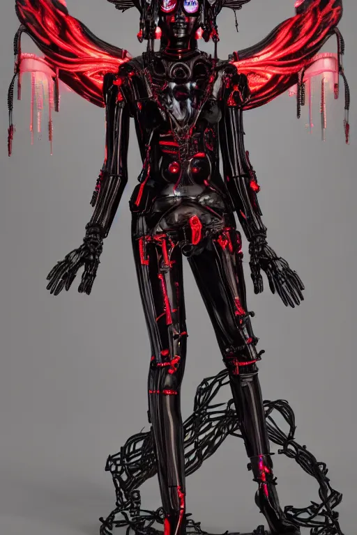 Image similar to full-body cyberpunk style sculpture of a young beautiful dark priestess, half android with a head opening exposing circuitry, glowing red eyes, black roses, flowing blood red colored silk, fabric, candles. baroque elements, human skull. full-length view. baroque element. intricate artwork by caravaggio. crows flying in background. Trending on artstation, octane render, cinematic lighting from the right, hyper realism, octane render, 8k, depth of field, 3D